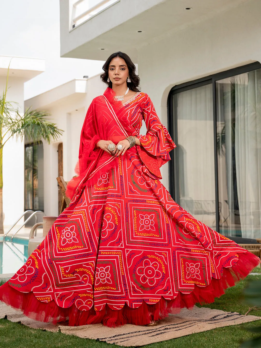 Jashvi Bandhani Printed Cotton Lehenga & Blouse With Dupatta