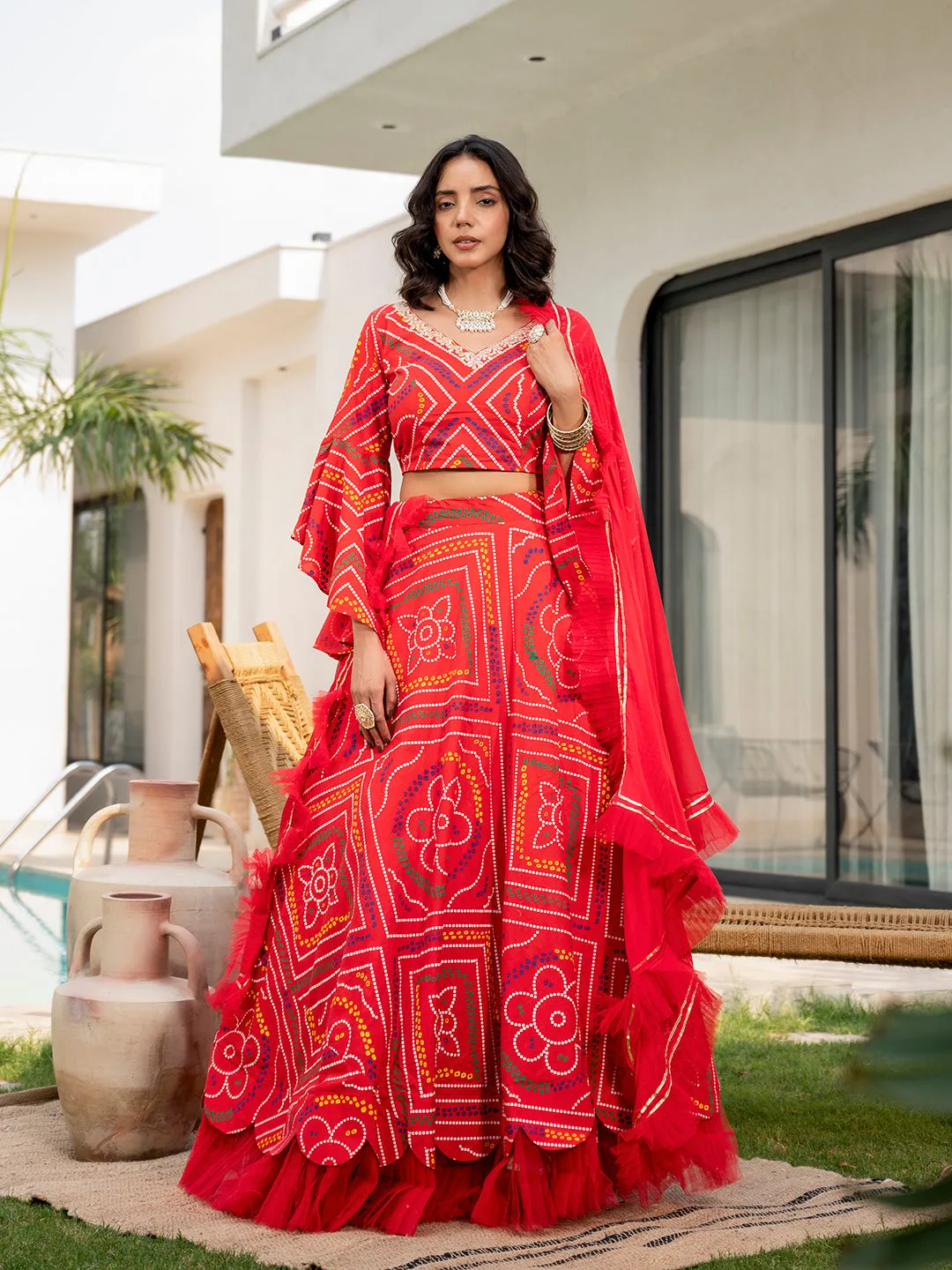 Jashvi Bandhani Printed Cotton Lehenga & Blouse With Dupatta