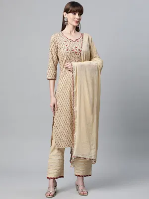 Jashvi Beige Color Cotton Straight Kurta Pant Set with Dupatta