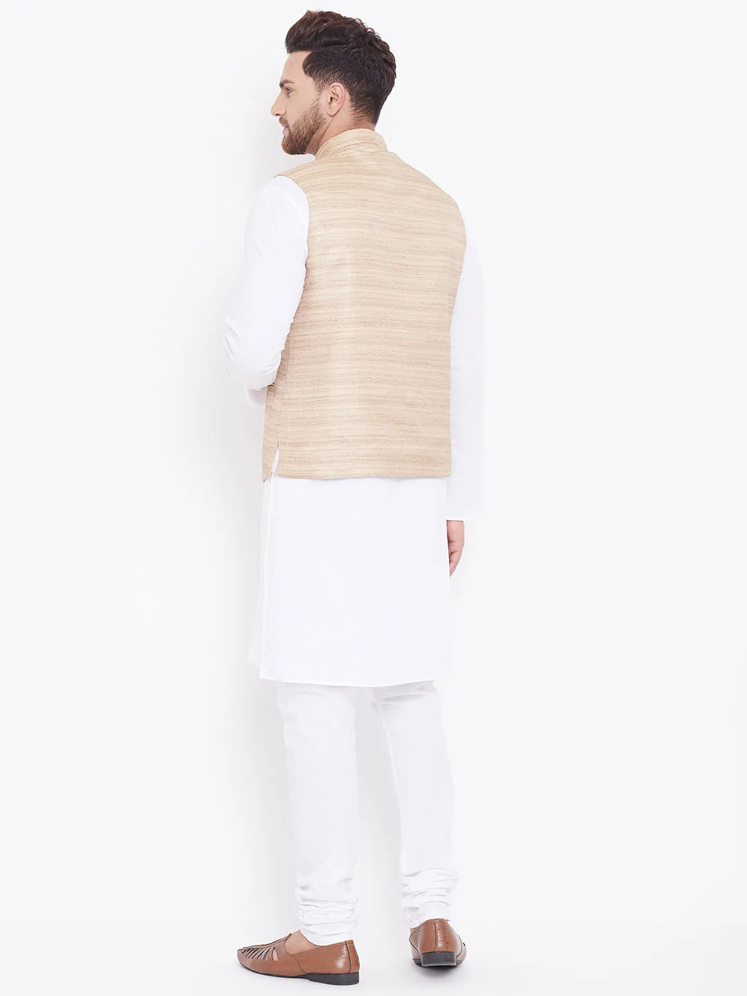 Jashvi Beige Cotton Silk Nehru Jacket & White Kurta Pyjama Baap Beta Set