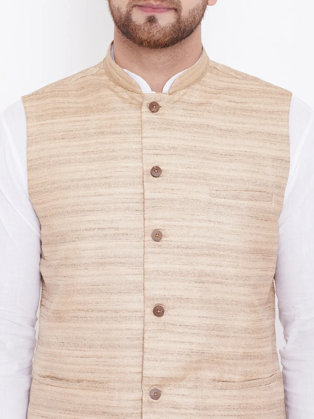 Jashvi Beige Cotton Silk Nehru Jacket & White Kurta Pyjama Baap Beta Set