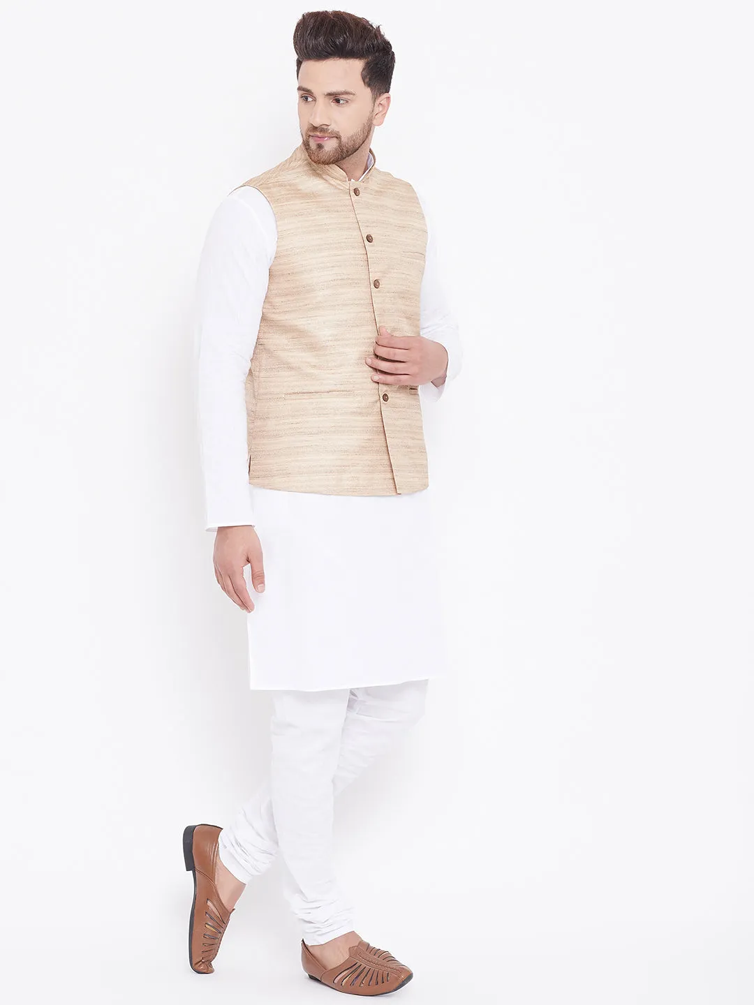 Jashvi Beige Cotton Silk Nehru Jacket & White Kurta Pyjama Baap Beta Set