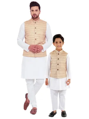 Jashvi Beige Cotton Silk Nehru Jacket & White Kurta Pyjama Baap Beta Set