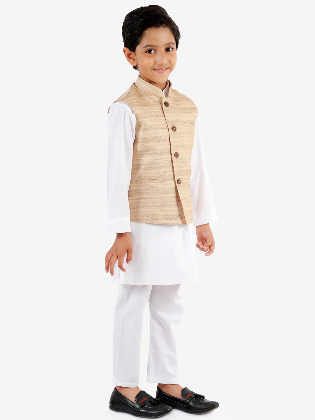 Jashvi Beige Cotton Silk Nehru Jacket & White Kurta Pyjama Baap Beta Set