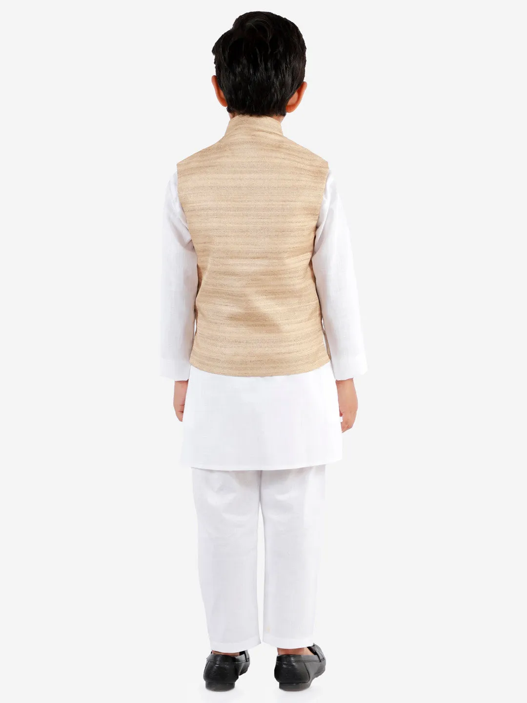 Jashvi Beige Cotton Silk Nehru Jacket & White Kurta Pyjama Baap Beta Set