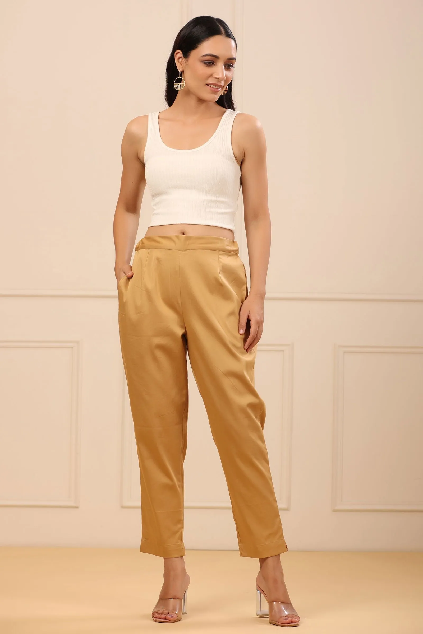 Jashvi  Beige Cotton Solid Slim Fit Pants With Partially Elasticated Waistband