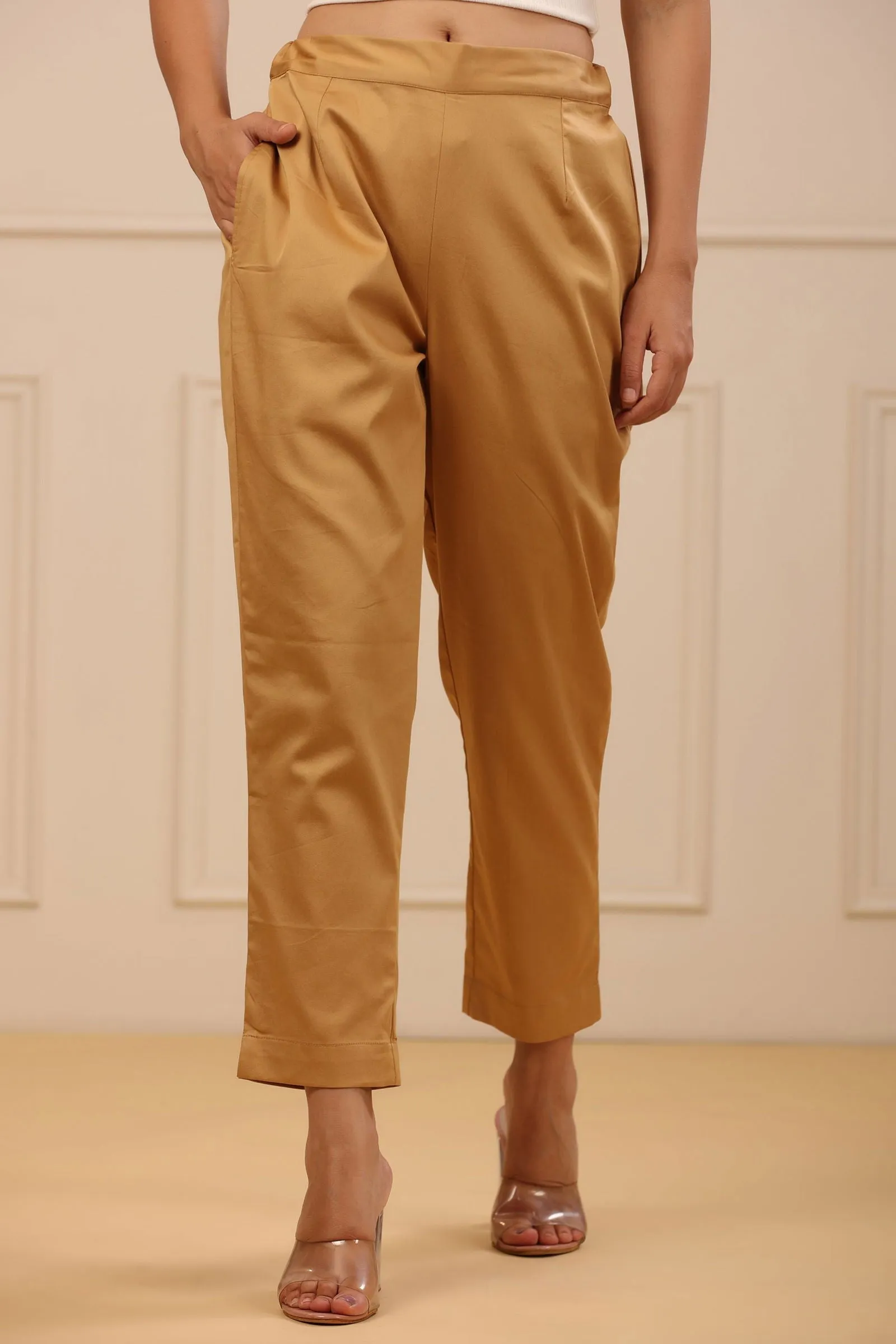 Jashvi  Beige Cotton Solid Slim Fit Pants With Partially Elasticated Waistband