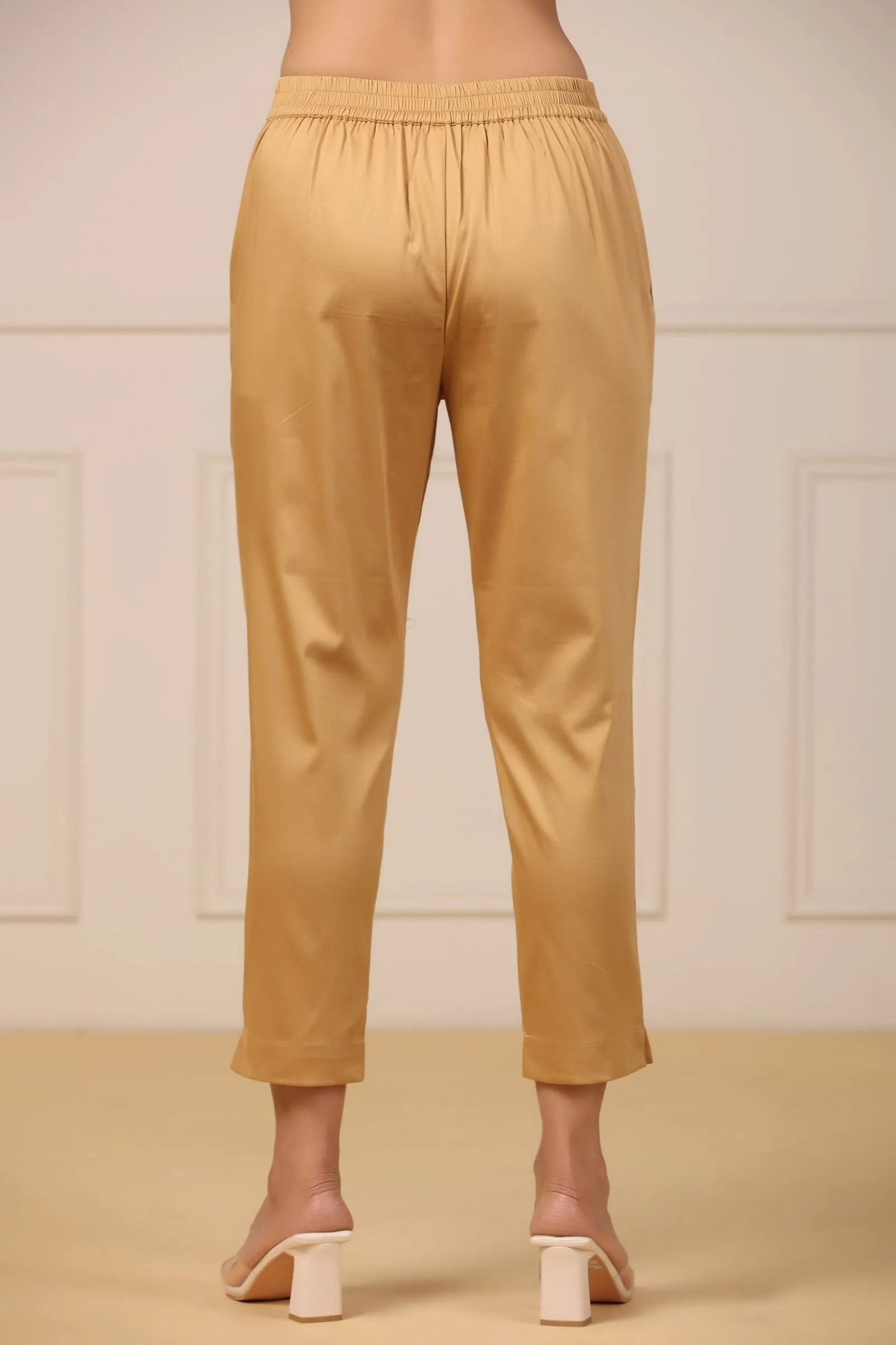 Jashvi  Beige Cotton Solid Slim Fit Pants With Partially Elasticated Waistband