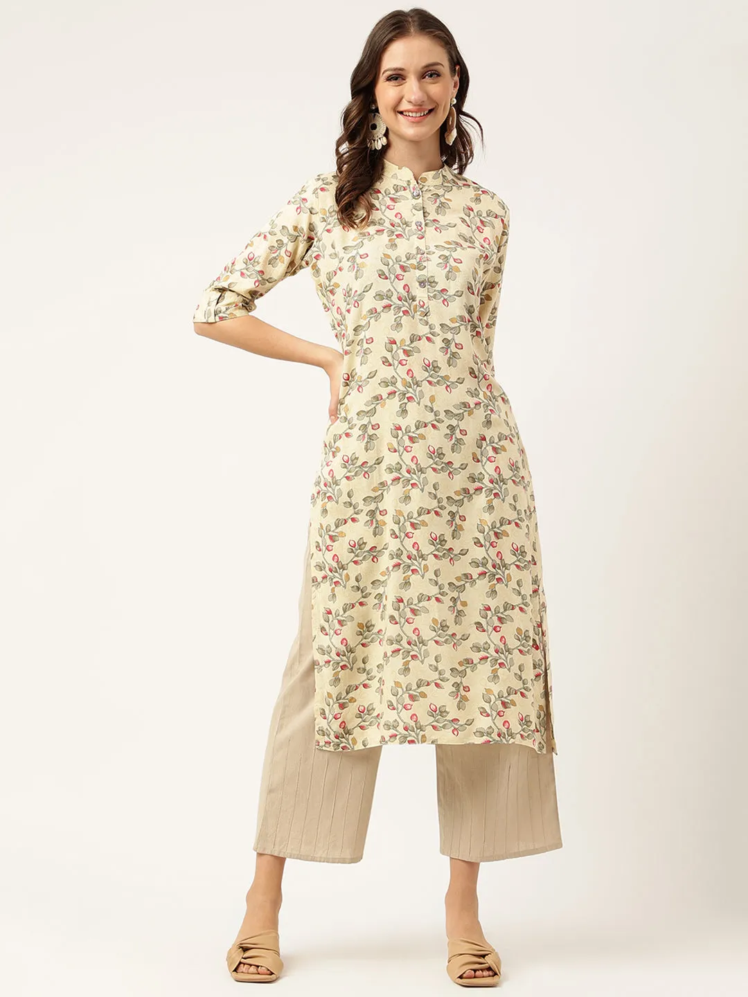 Jashvi Beige Floral Digital Printed Straight Fold Sleeve Kurta