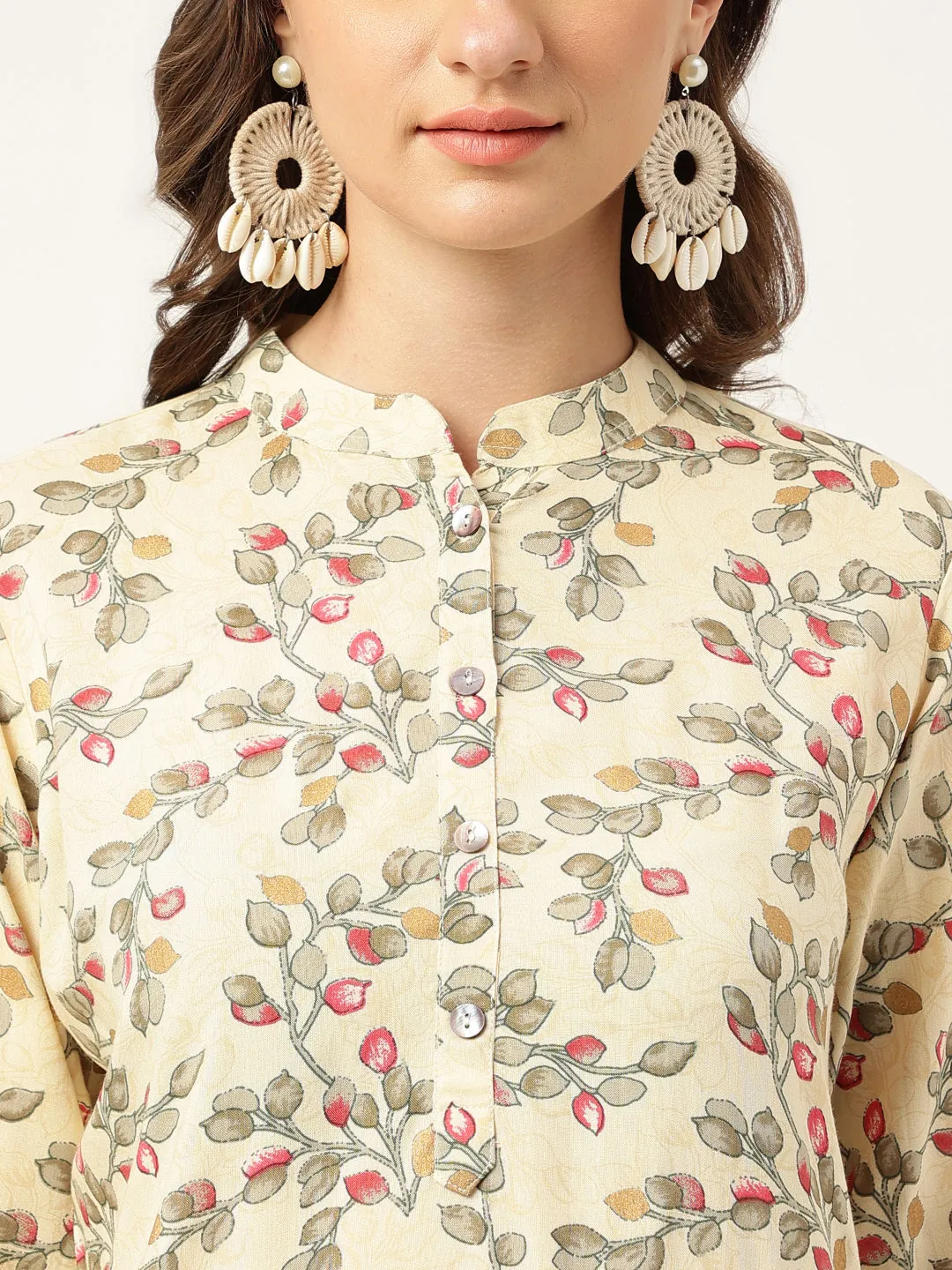 Jashvi Beige Floral Digital Printed Straight Fold Sleeve Kurta