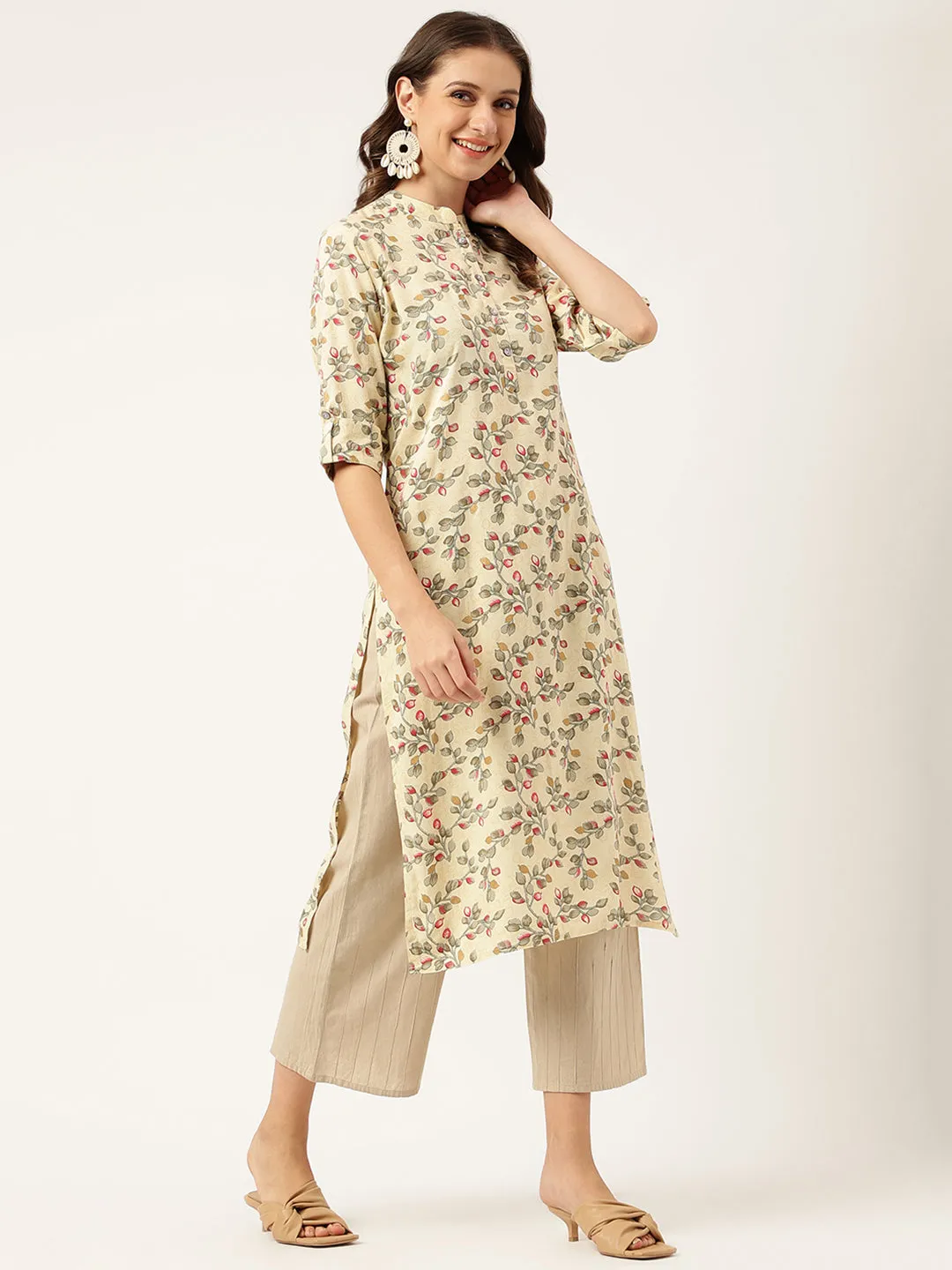 Jashvi Beige Floral Digital Printed Straight Fold Sleeve Kurta