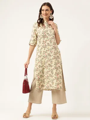 Jashvi Beige Floral Digital Printed Straight Fold Sleeve Kurta