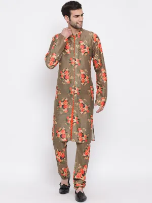 Jashvi Beige Floral Printed Kurta Pyjama Set With Leharia Border