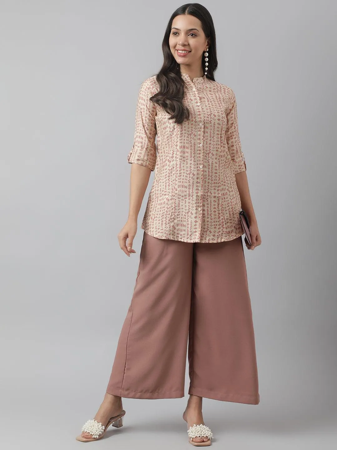 Jashvi Beige Floral Printed Muslin A-line Shirt Style Top