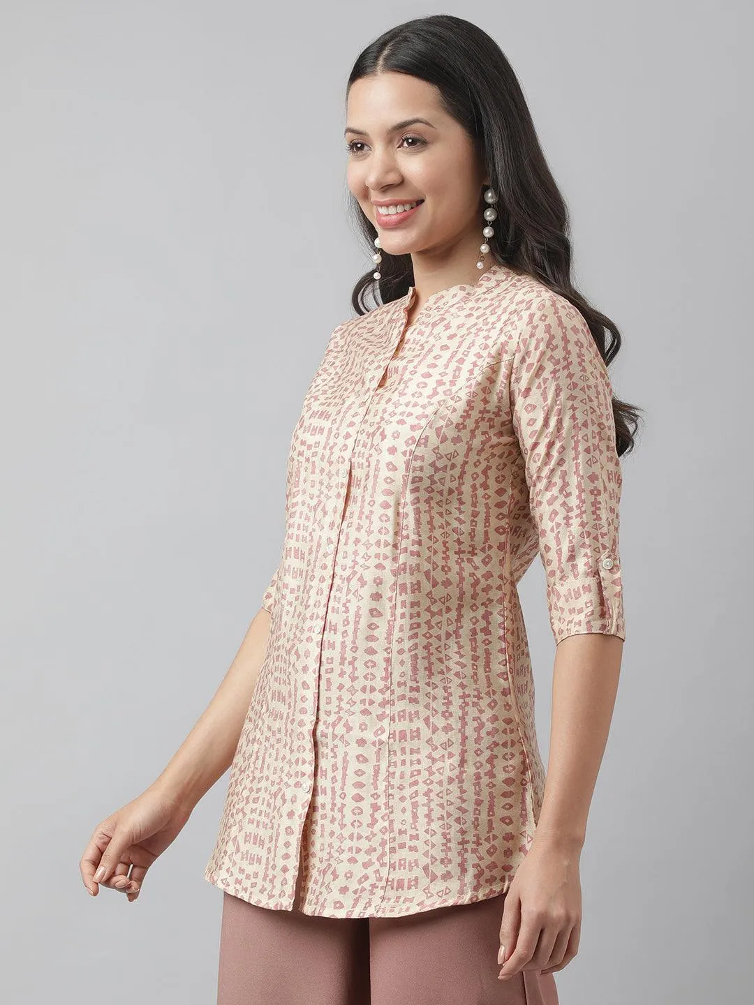 Jashvi Beige Floral Printed Muslin A-line Shirt Style Top