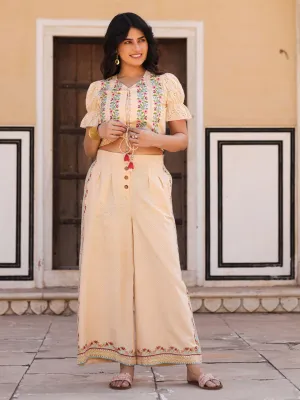 Jashvi Beige Floral Printed Pure Cotton Crop Top & Pants With Thread Work Embroidery