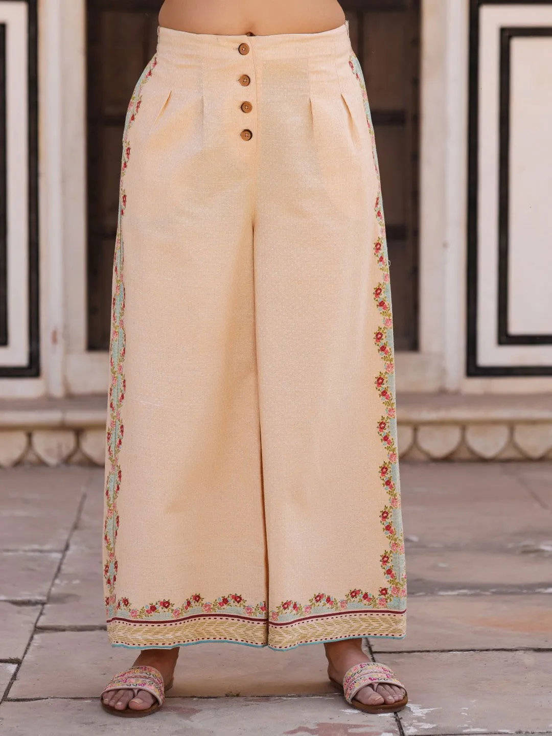 Jashvi Beige Floral Printed Pure Cotton Crop Top & Pants With Thread Work Embroidery