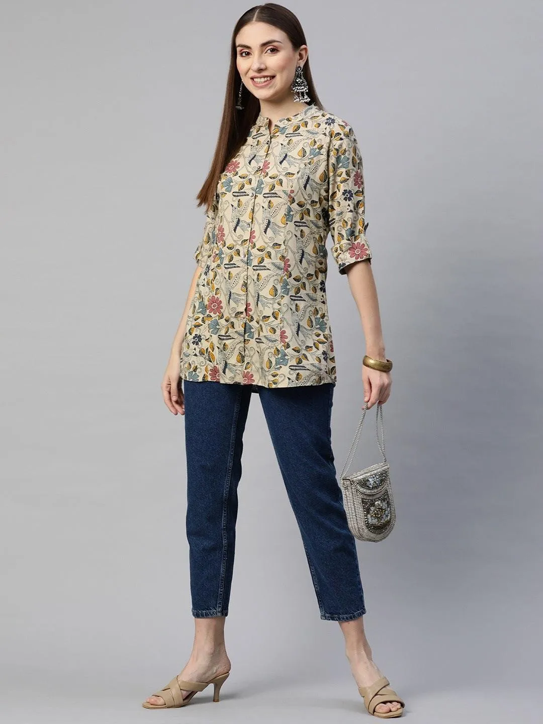 Jashvi Beige Multi Floral Rayon A-line Shirts Style Top