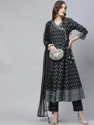 Jashvi Black Anarkali Kurta Pant set with Net Dupatta