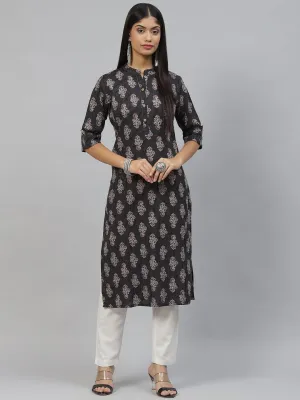 Jashvi Black and Grey Cotton Straight Kurta