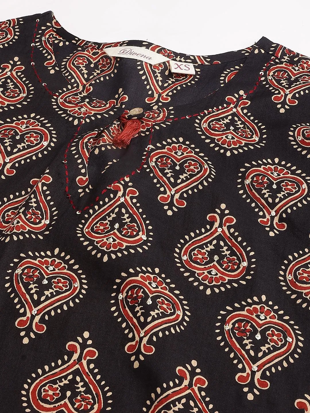 Jashvi Black and Red Cotton Buti Printed Kurta with hem Cuffed pant set