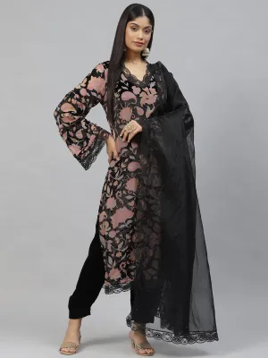 Jashvi Black Burn out Velvet Kurta Harem Pant with Organza Dupatta