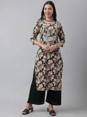 Jashvi Black Cotton Floral Straight Kurta