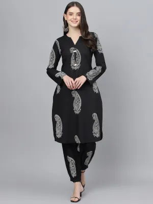 Jashvi Black Cotton Straight Kurta with Curve Hem Pant set