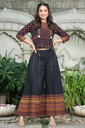 Jashvi Black Ethnic Motif Printed Pure Cotton Peplum Co-Ord Set With Tassels