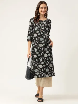 Jashvi Black Floral Print Straight Fit Cotton kurta