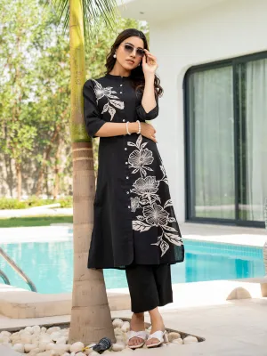 Jashvi Black Floral Printed Cotton A-line Fit Kurta Pant Set