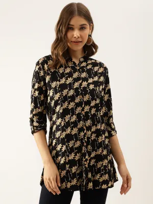 Jashvi Black Floral Printed Rayon Shirt type Top for Women