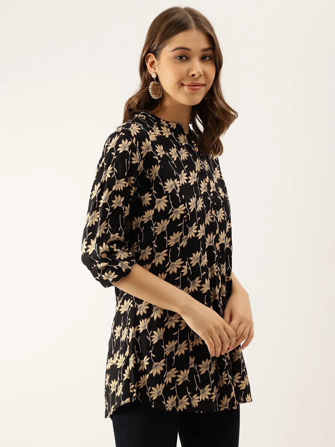 Jashvi Black Floral Printed Rayon Shirt type Top for Women