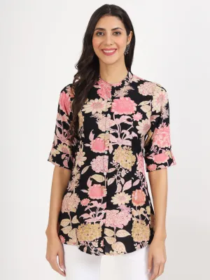 Jashvi Black Floral Printed Rayon Top