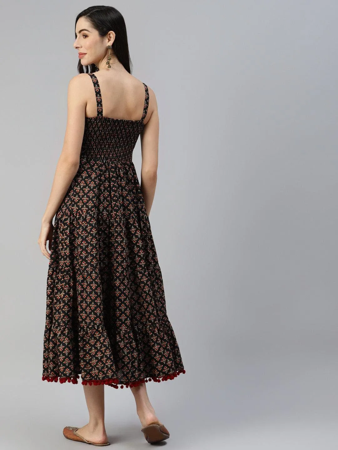 Jashvi Black Floral Printed Shoulder Strip Long dress