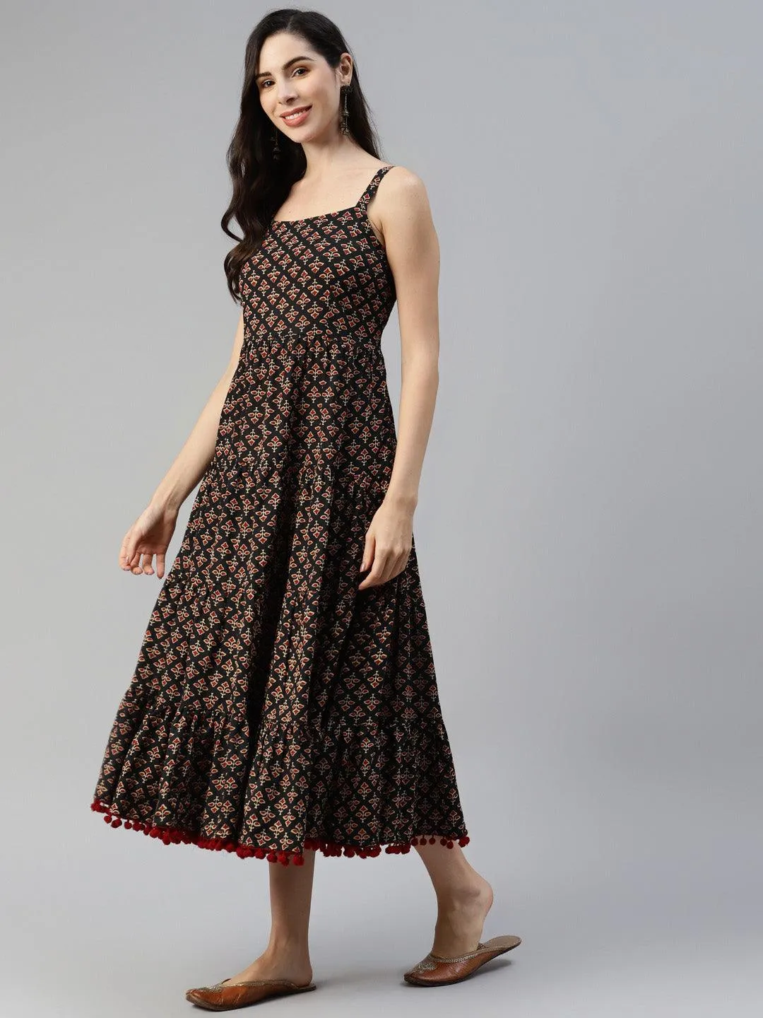 Jashvi Black Floral Printed Shoulder Strip Long dress