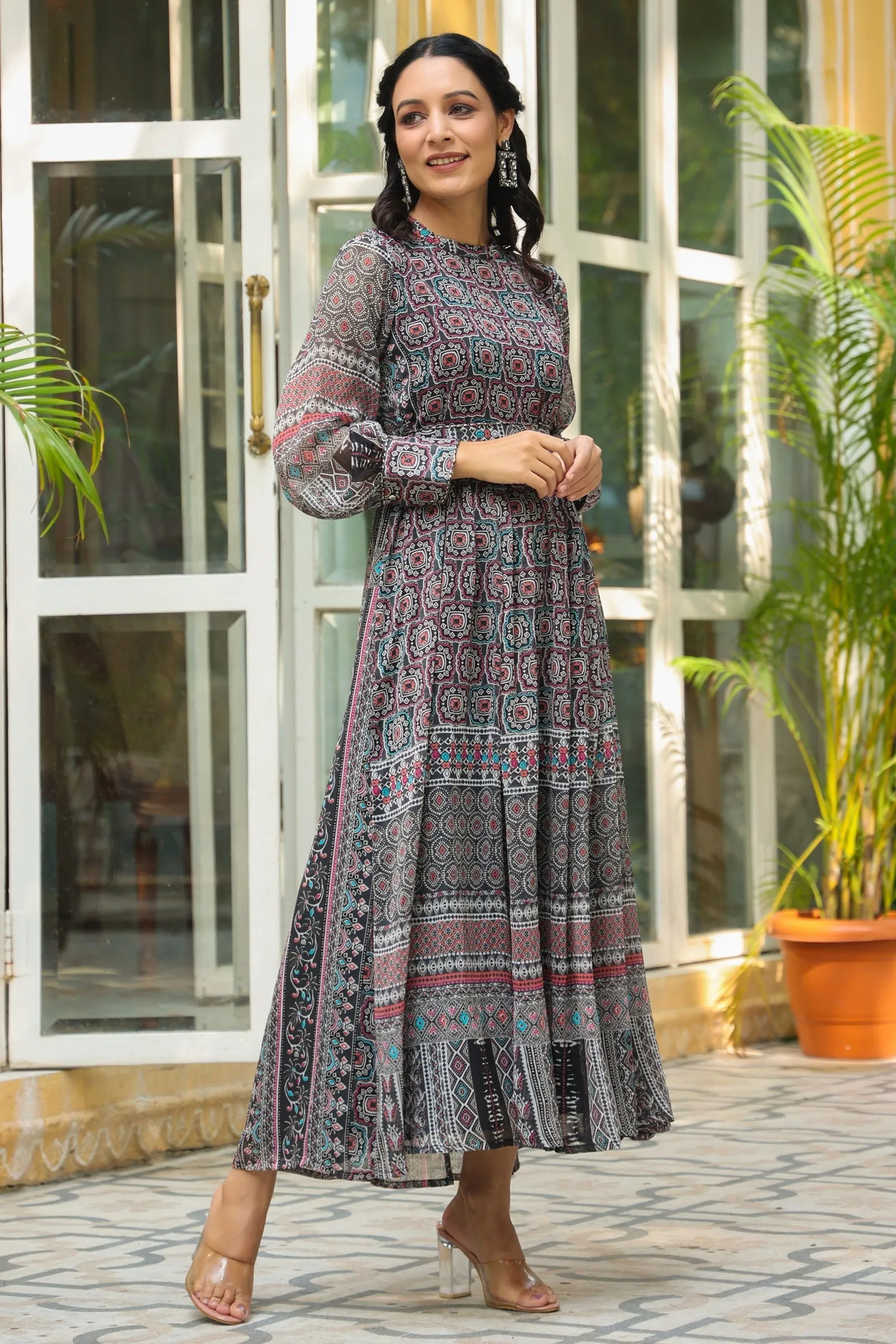 Jashvi Black Geometric Printed Chiffon Flared Maxi Dress With Buttons.