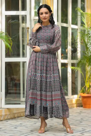 Jashvi Black Geometric Printed Chiffon Flared Maxi Dress With Buttons.