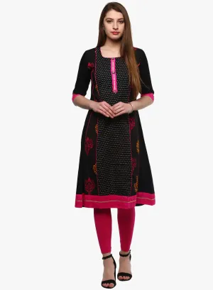 Jashvi Black Printed A-Line Rayon And Cotton Kurta