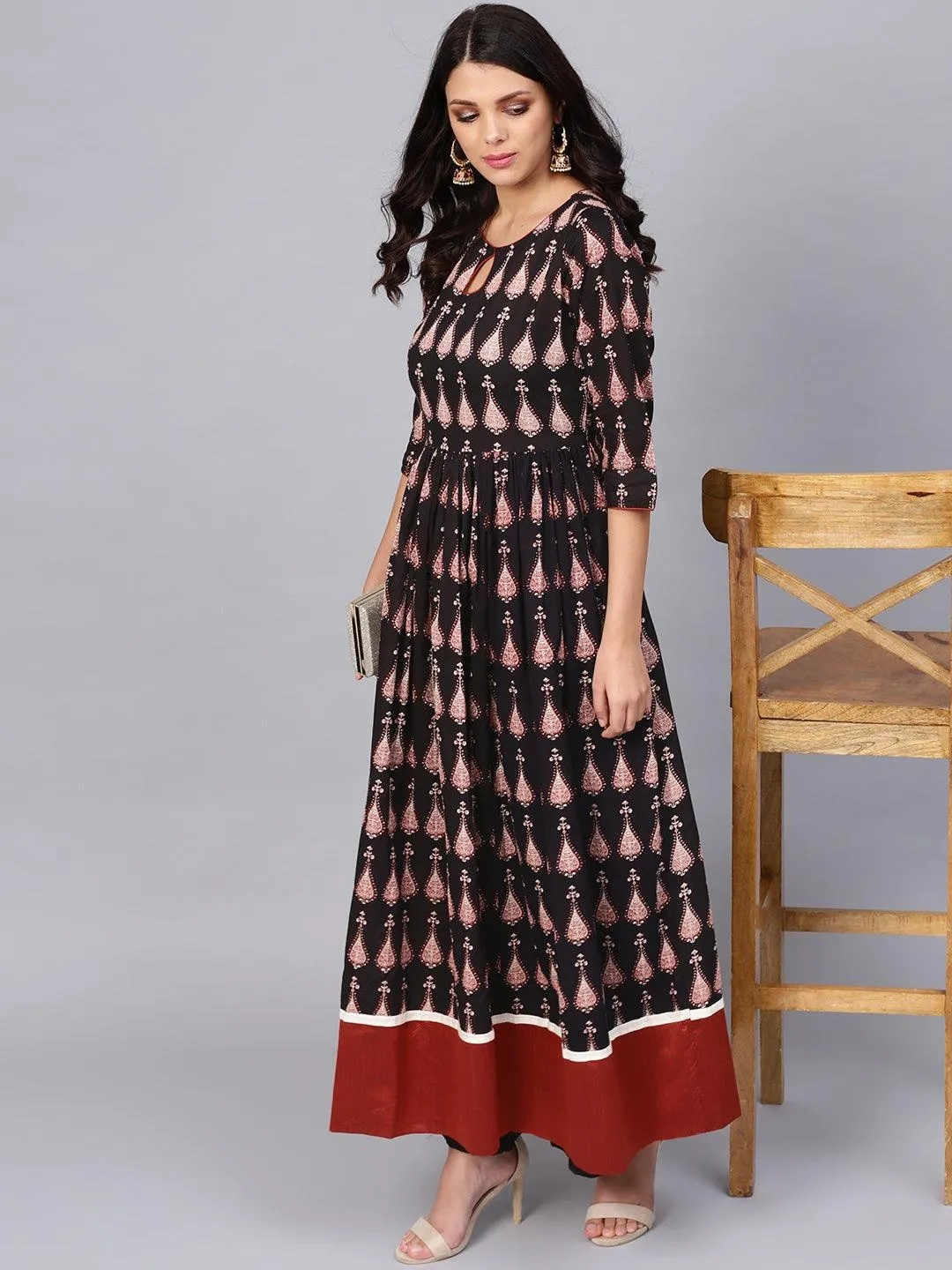 Jashvi Black Printed Cotton Floor Length Anarkali Kurta