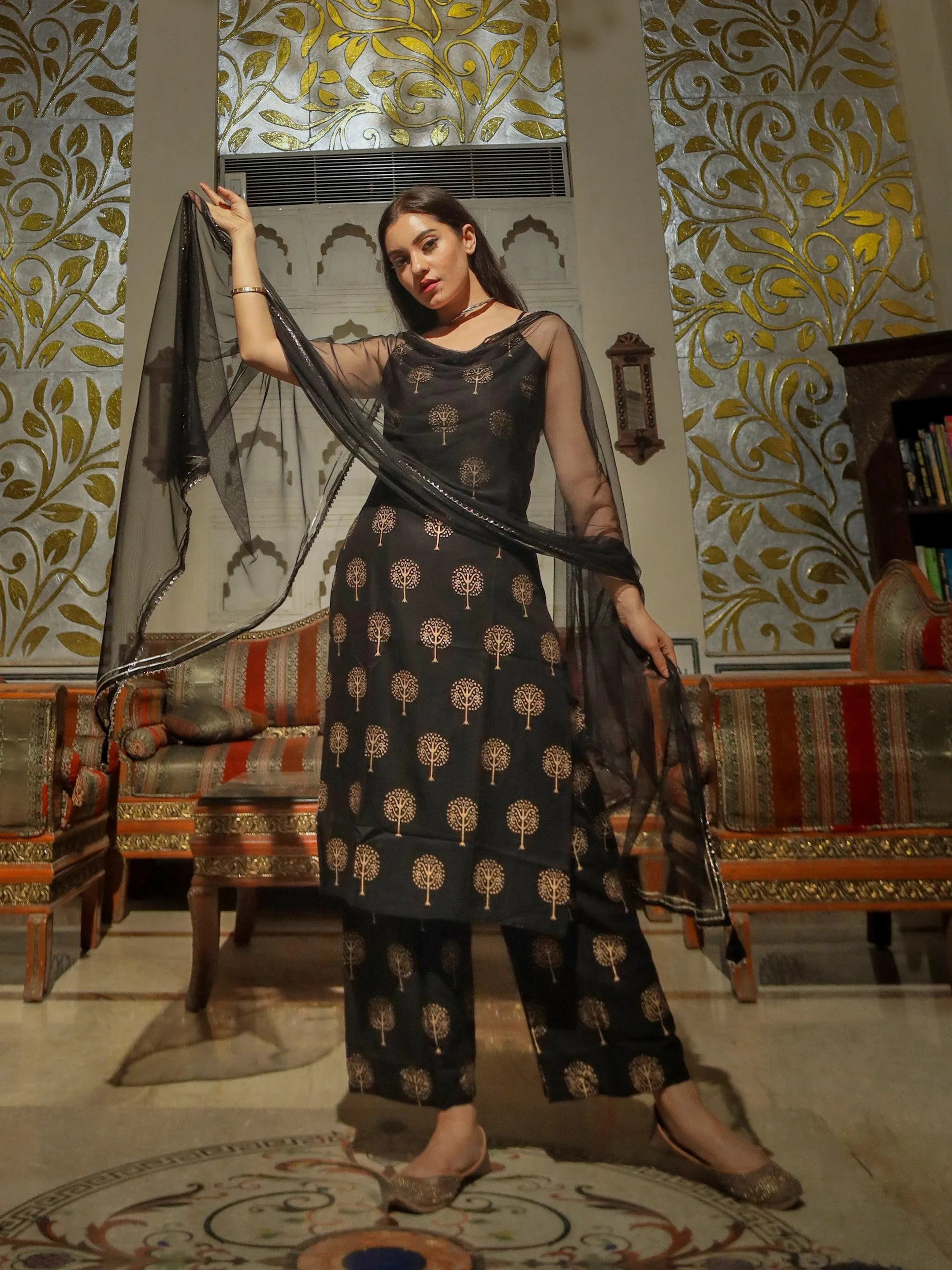 Jashvi Black shoulder strip Kurta Palazoo set with net Dupatta