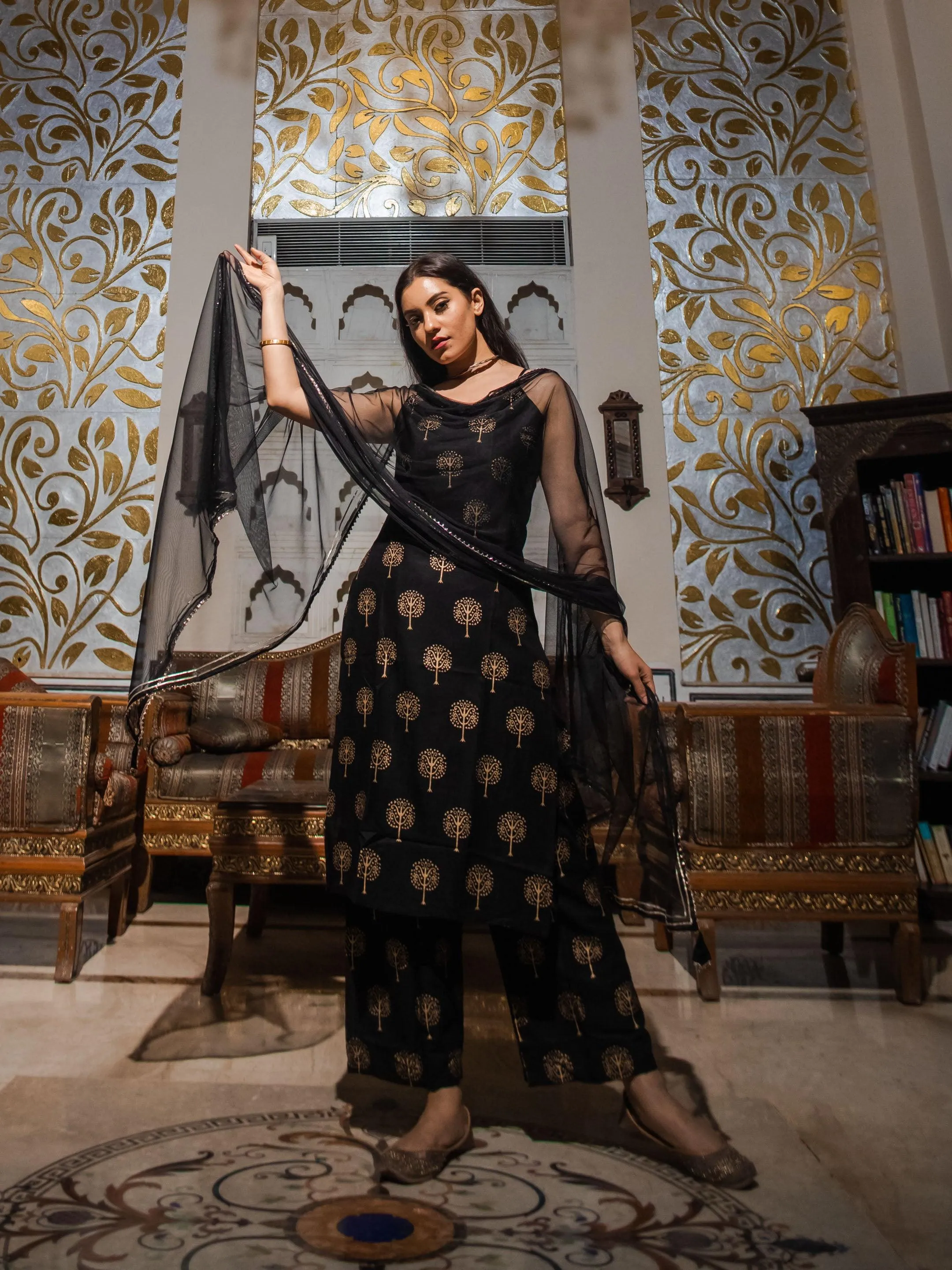 Jashvi Black shoulder strip Kurta Palazoo set with net Dupatta