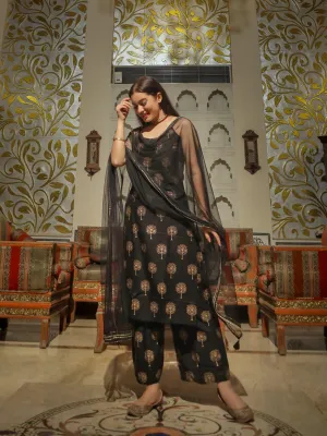 Jashvi Black shoulder strip Kurta Palazoo set with net Dupatta