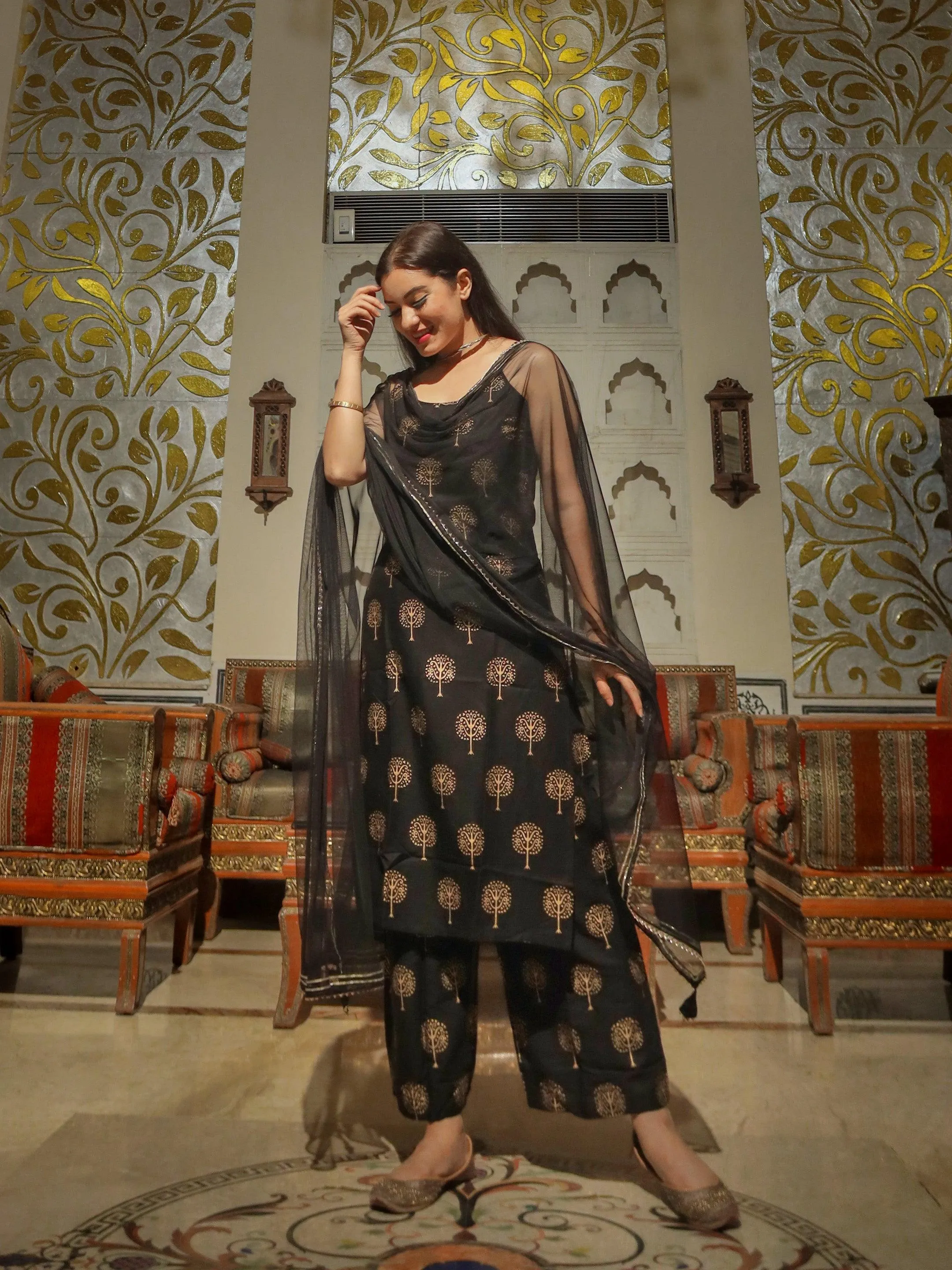 Jashvi Black shoulder strip Kurta Palazoo set with net Dupatta