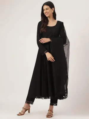 Jashvi Black Solid Anarkali Kurta Pant set with Dupatta