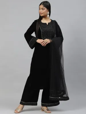 Jashvi Black Velvet hand work Kurta pant With Net Dupatta set