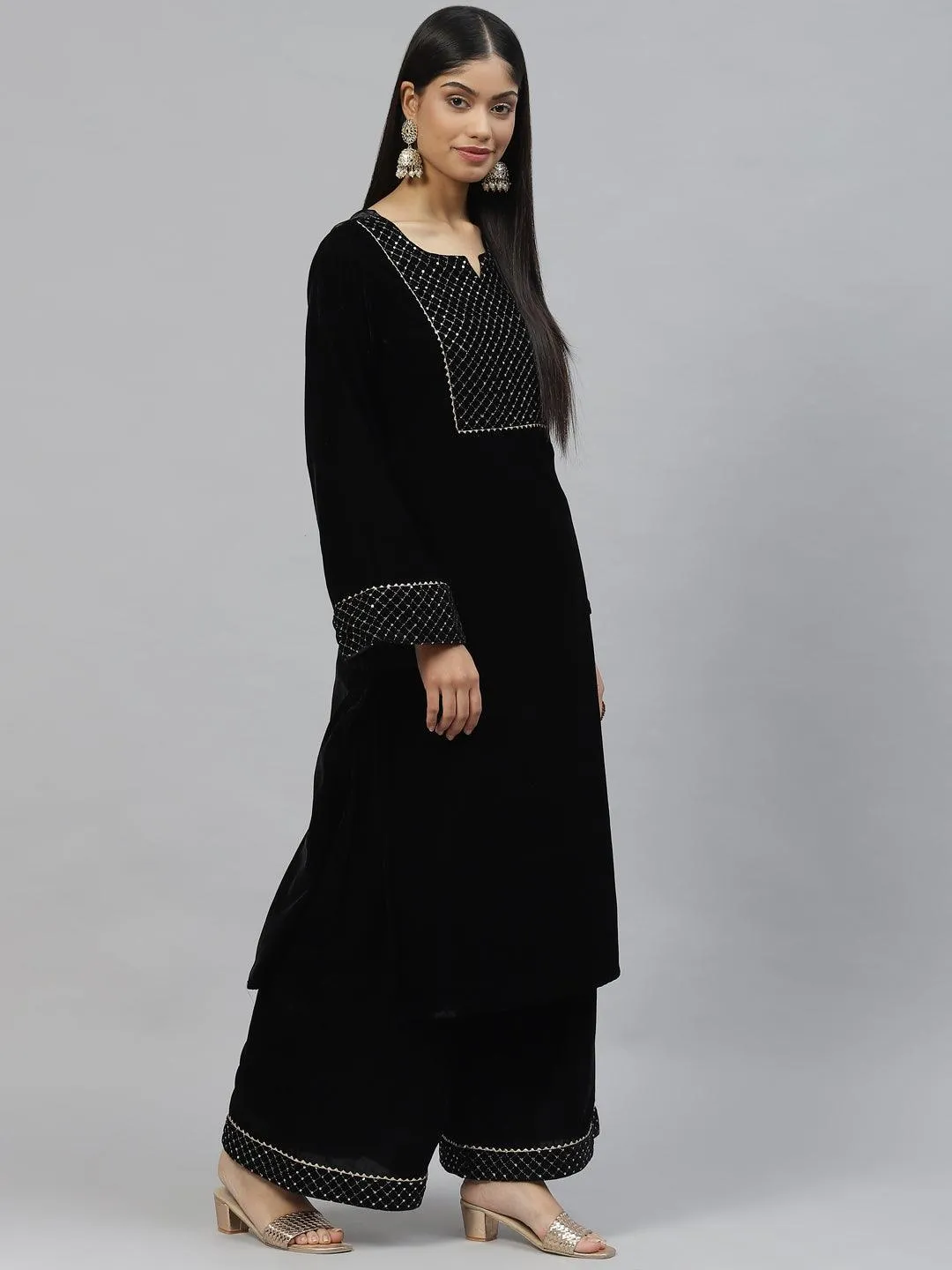 Jashvi Black Velvet hand work Kurta pant With Net Dupatta set