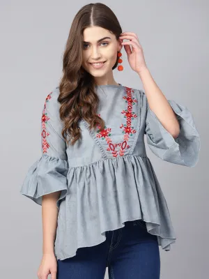 Jashvi Blue & Red Embroidered A-Line Top