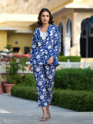 Jashvi Blue & White Floral handblock Printed Co-ord Set