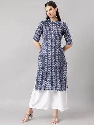 Jashvi Blue and Gray Cotton Katha work Straight Kurta